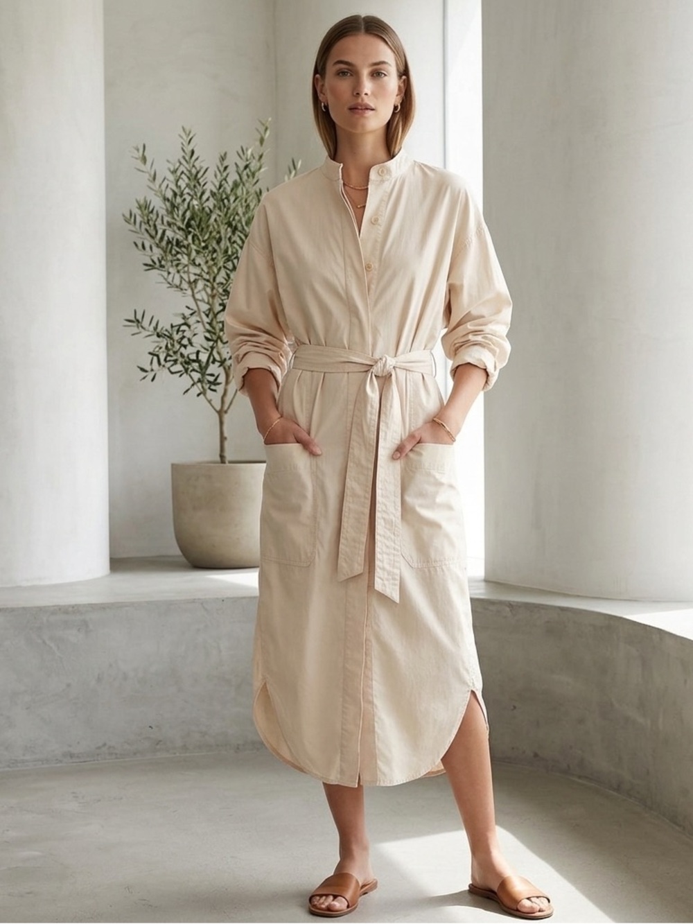 Zara Light Beige Belted Shirt Dress, Size Medium, Long Sleeve Cotton Midi Cream